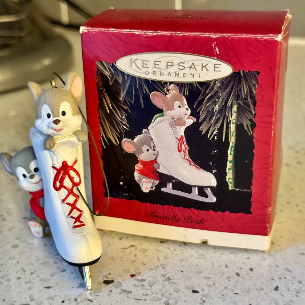 1990's Vintage Mouse Friendly Push Christmas Ornament Collectible with Box